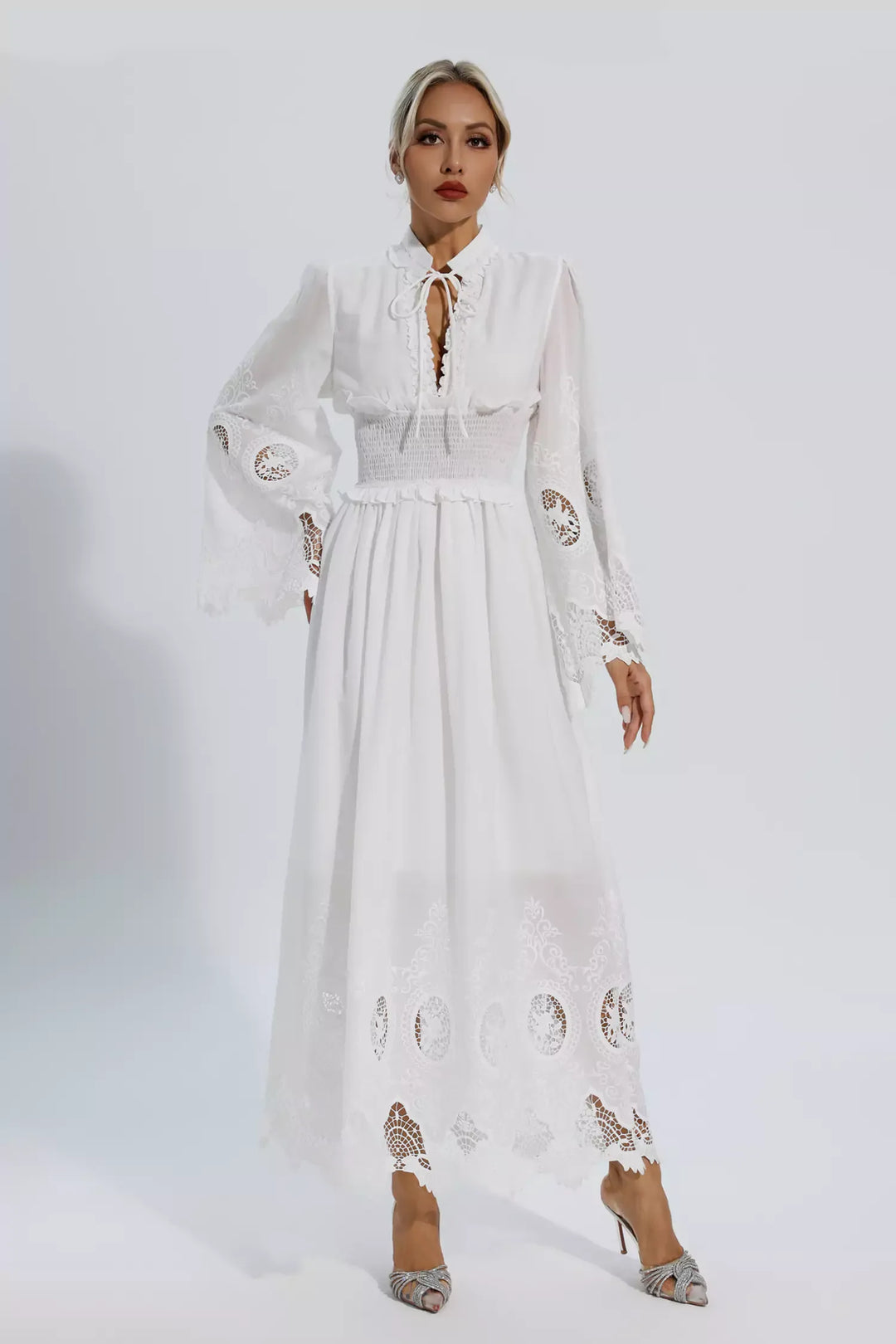 Remy White Long Sleeve Lace Maxi Dress