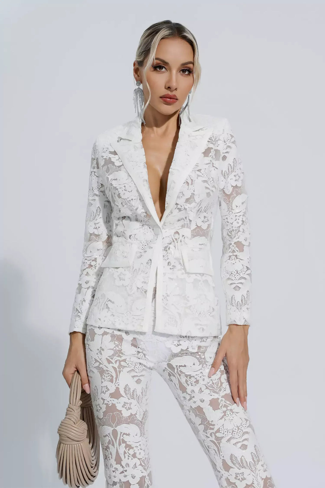 Reyna White Cutout Sequin Blazer Set