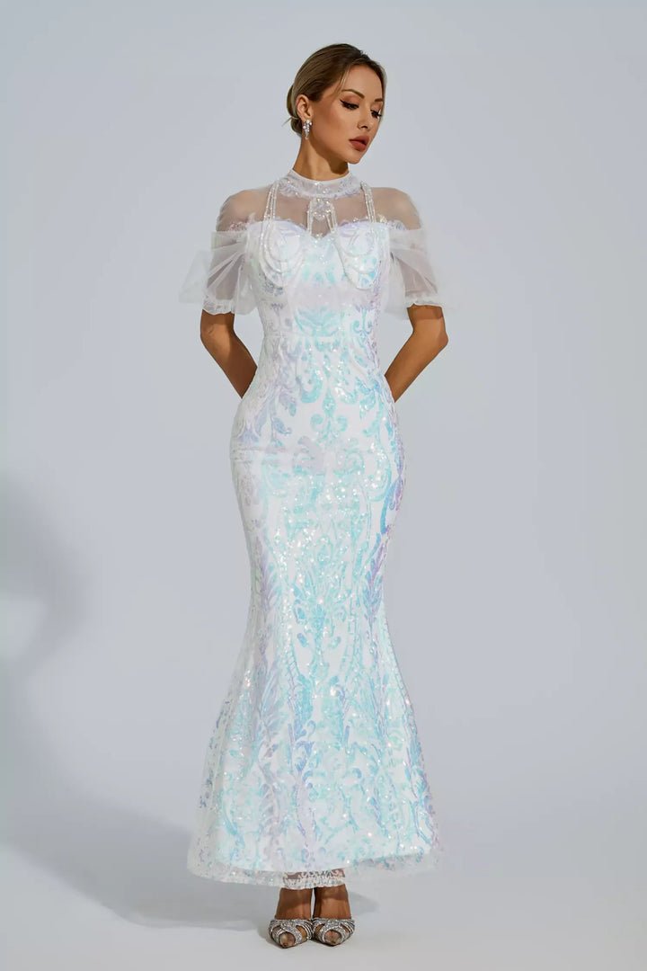 Robin White Mesh Maxi Sequin Dress