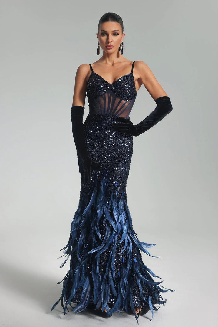 Corset Sequin Feather Maxi Dress