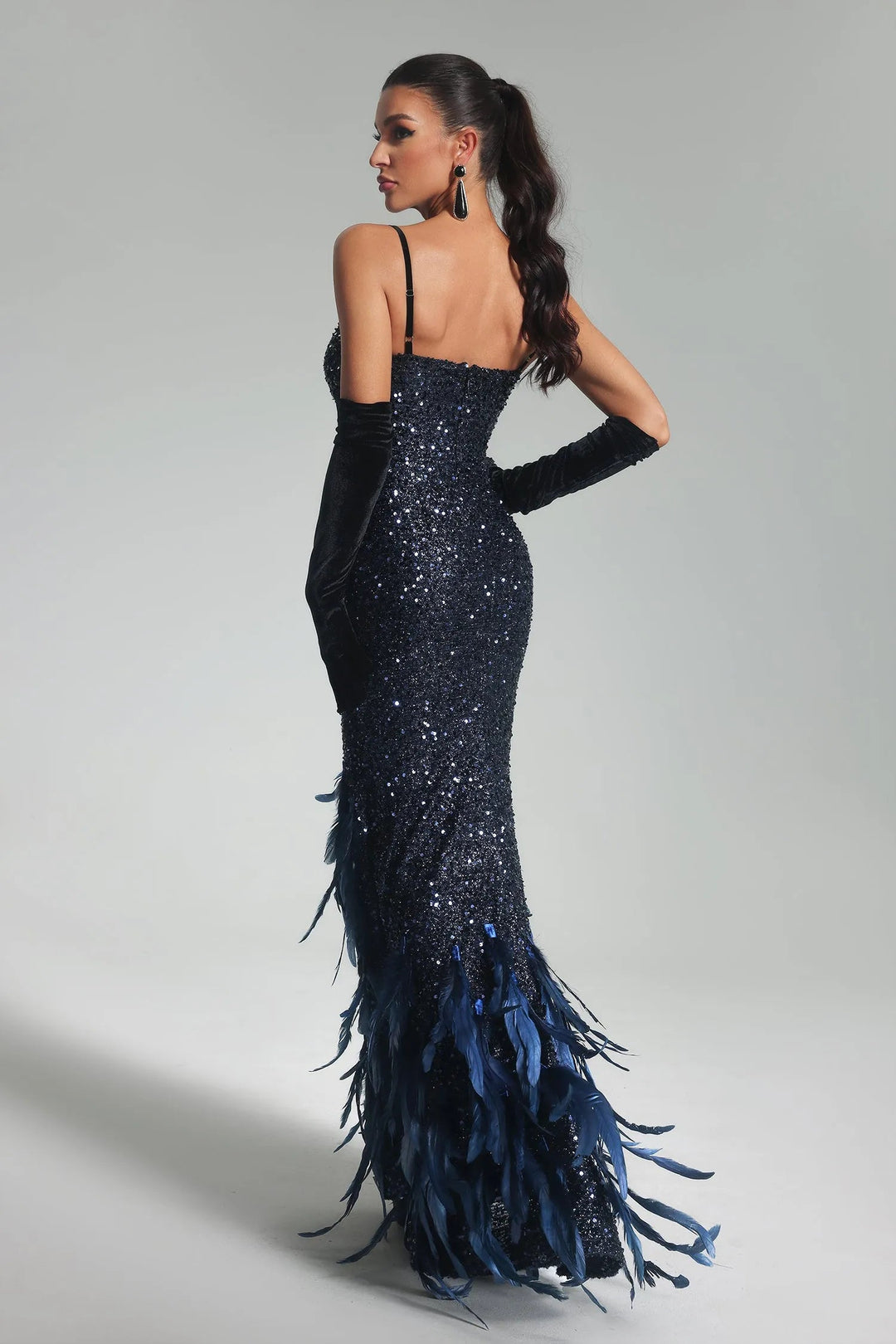 Corset Sequin Feather Maxi Dress