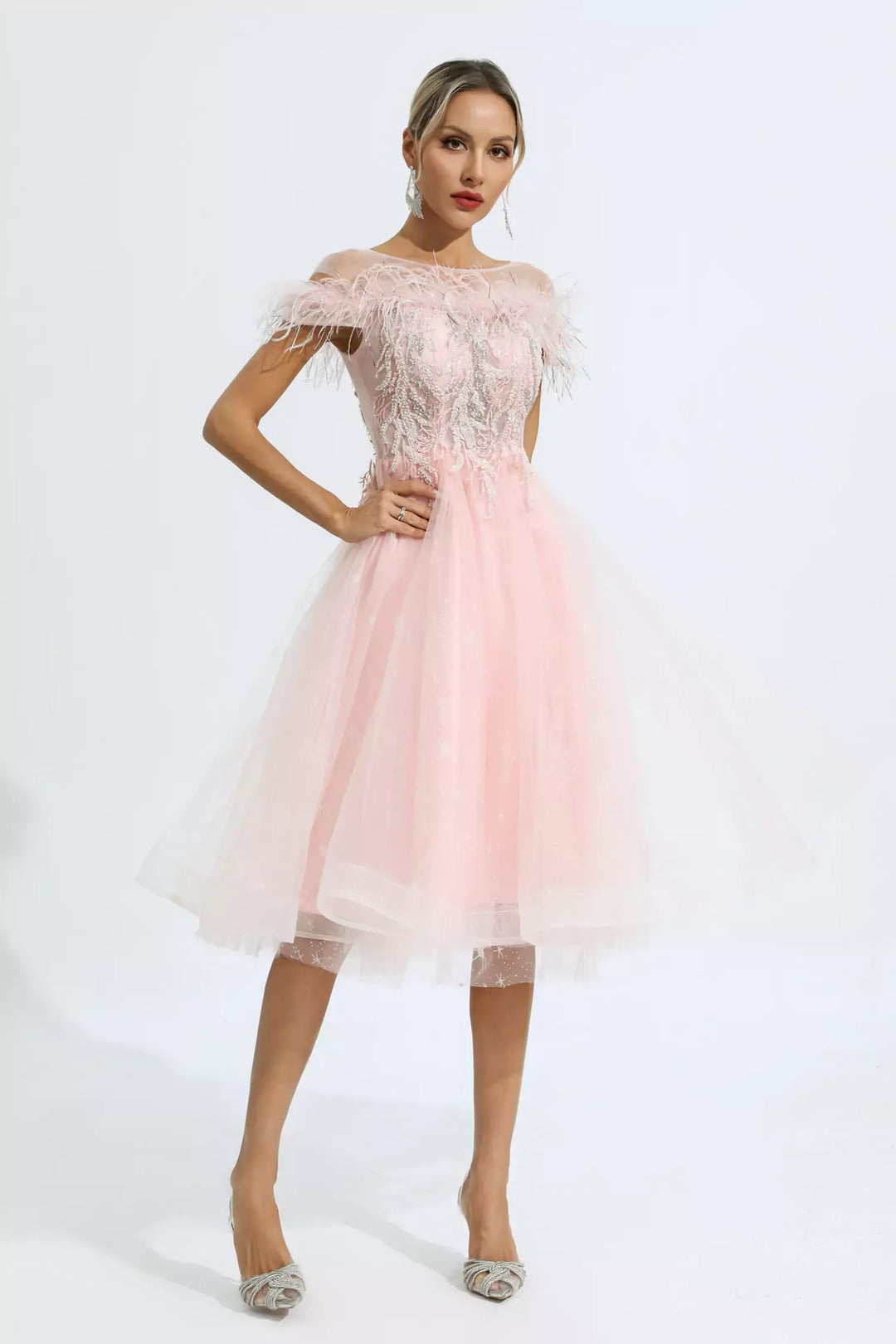 Sky Pink Feather Mesh Midi Dress