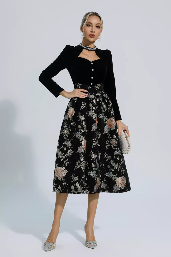 Skyla Black Waist Floral Long Sleeve Dress