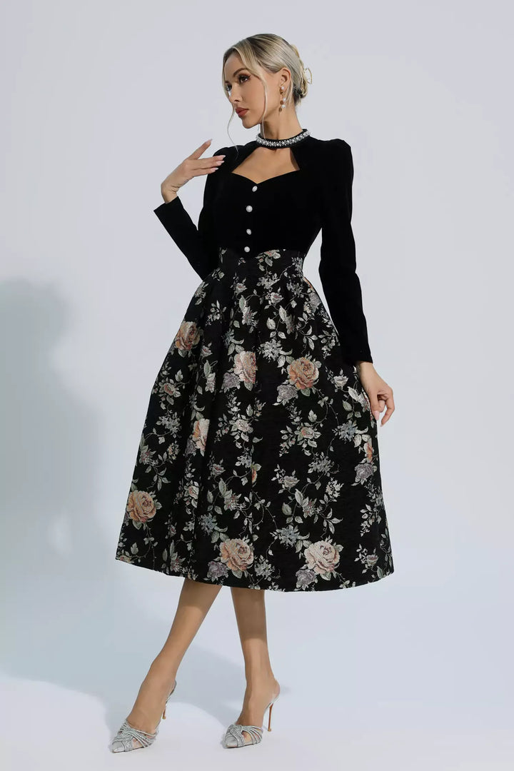 Skyla Black Waist Floral Long Sleeve Dress