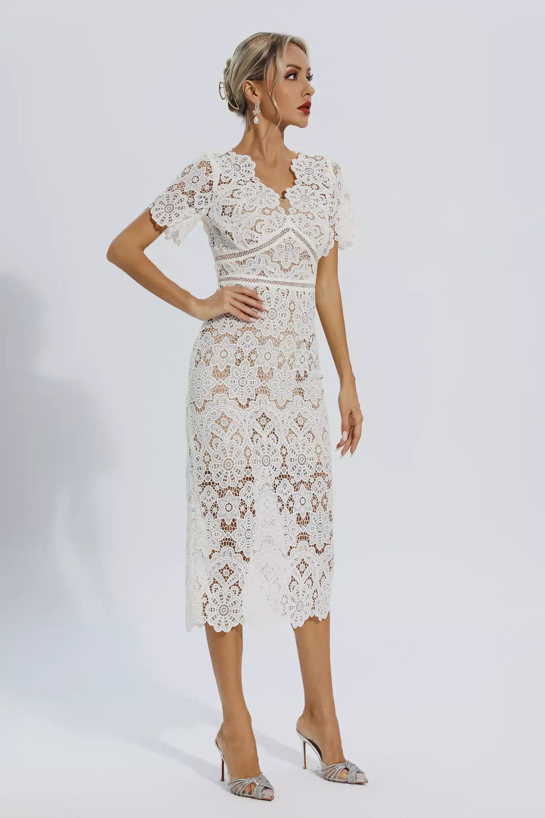 Skyler White Lace Cutout Midi Dress