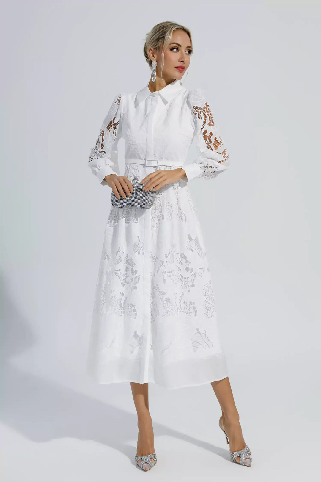 Sloan White Hollow Long Sleeve Midi Dress