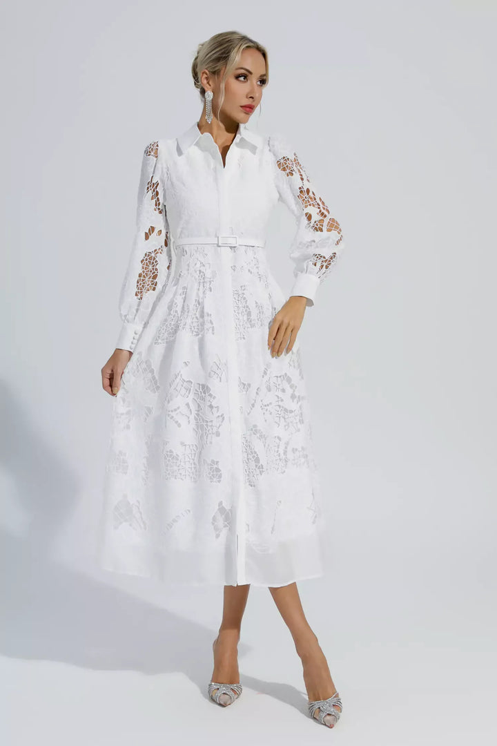 Sloan White Hollow Long Sleeve Midi Dress