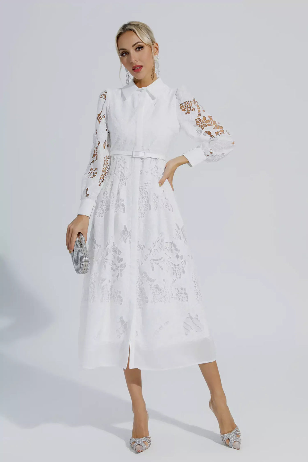 Sloan White Hollow Long Sleeve Midi Dress