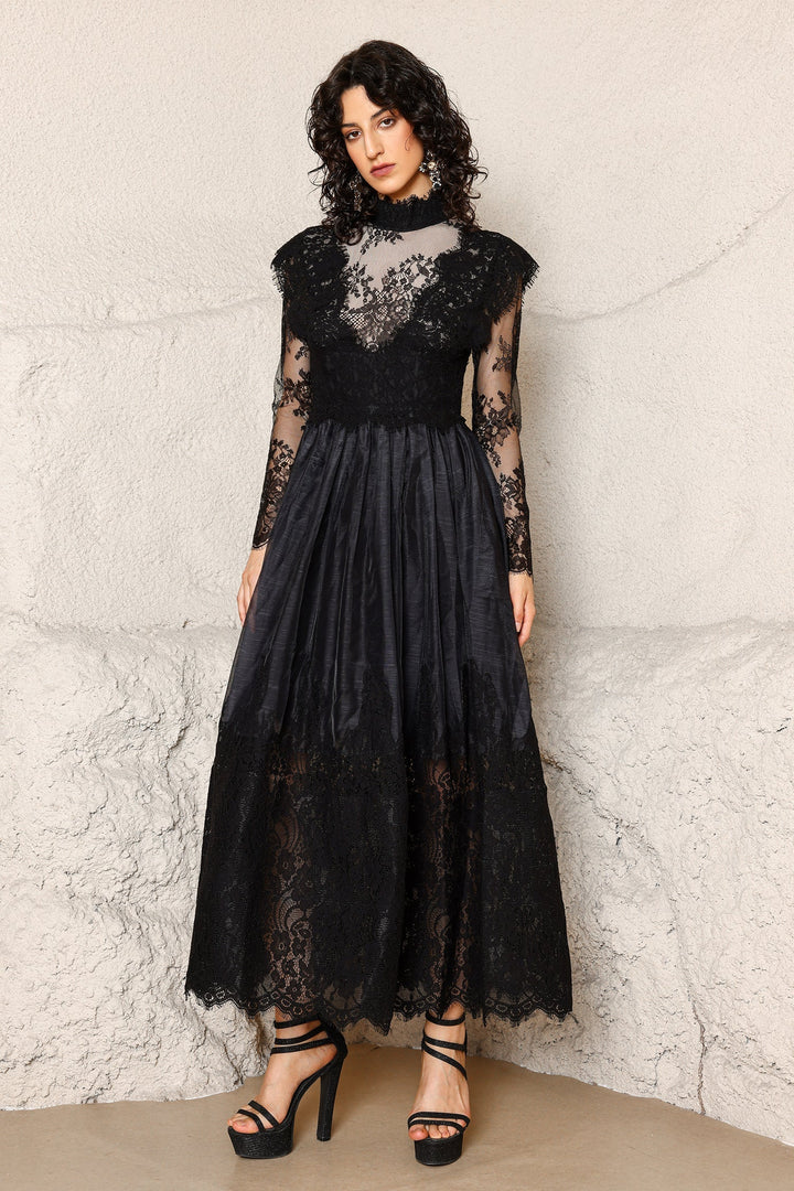 Black Tate Long Sleeves Lace Midi Dress