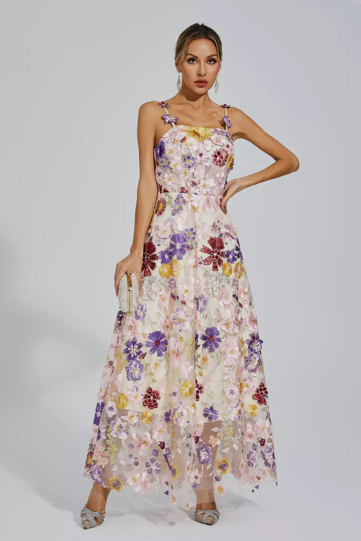 Taytum White Flower Embroidery Maxi Dress