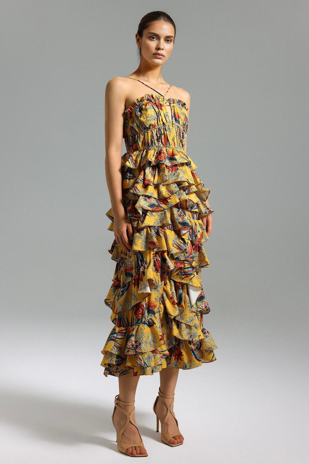 Tenley Halterneck Printed Layered Midi Dress - Yellow