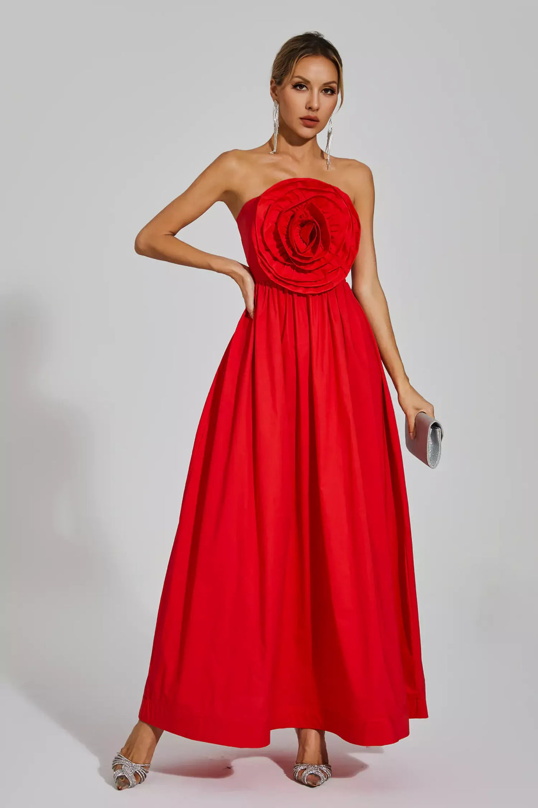 Tori Red Rose Flower Off Shoulder Dress