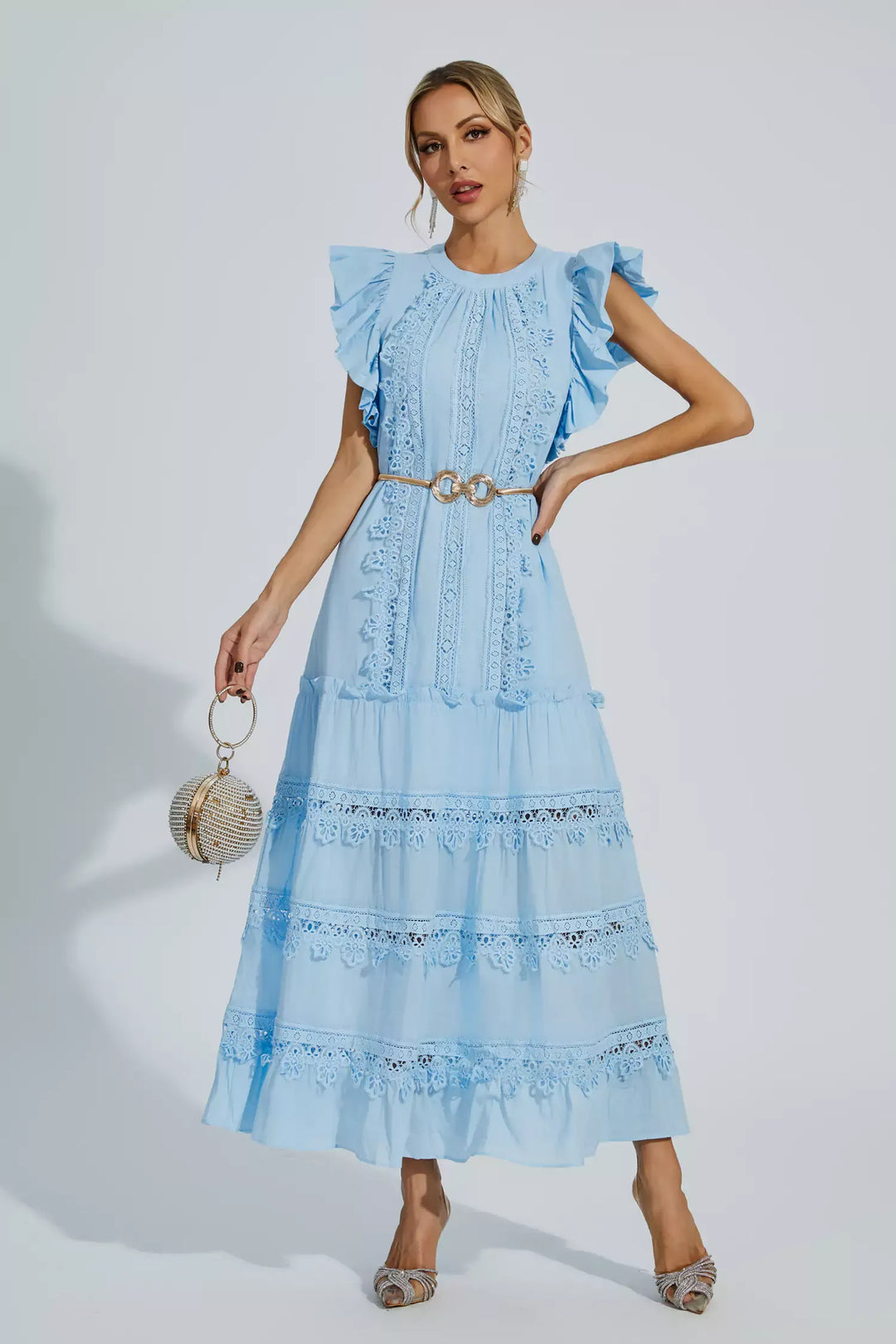 Treasure Blue Embroidered Belted Maxi Dress