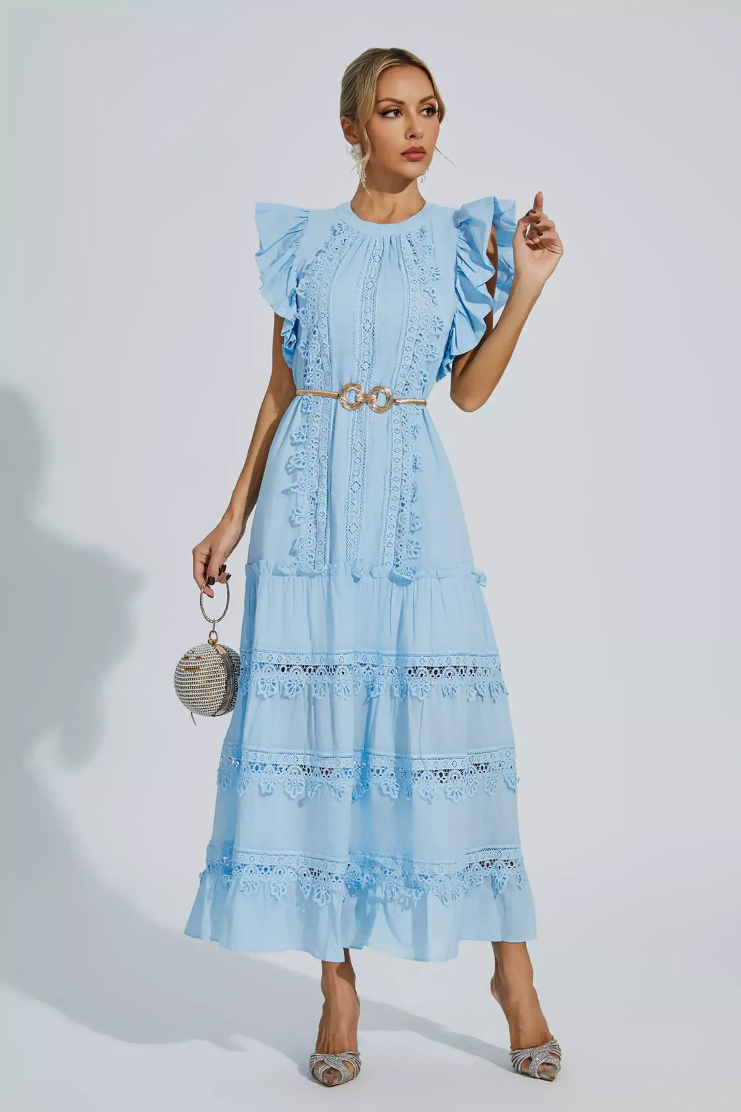 Treasure Blue Embroidered Belted Maxi Dress