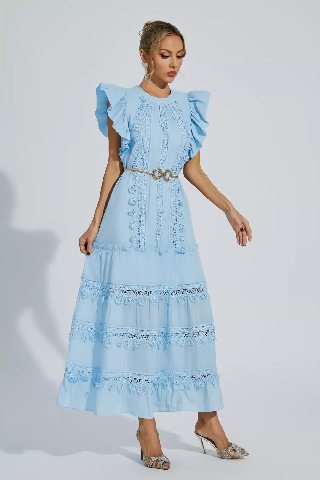 Treasure Blue Embroidered Belted Maxi Dress