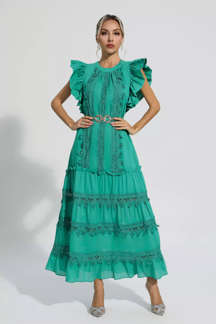 Treasure Green Embroidered Belted Maxi Dress