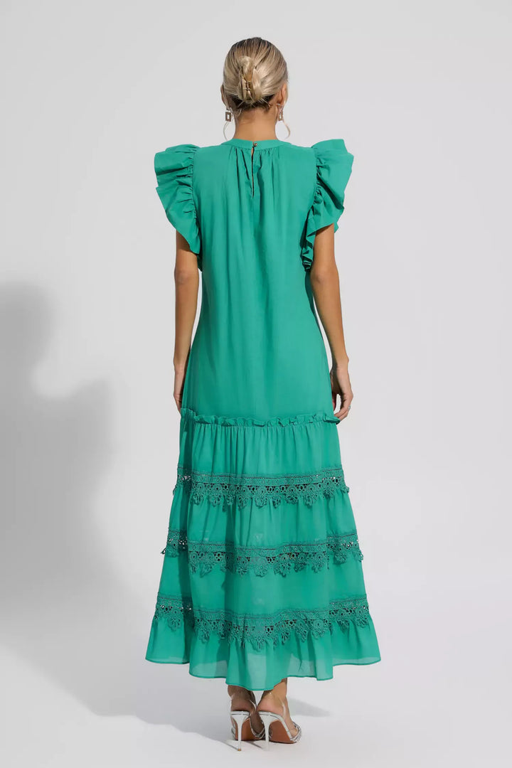 Treasure Green Embroidered Belted Maxi Dress