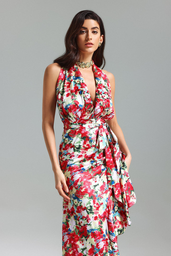 Unica Flower Printed Halter Ruffled Dress