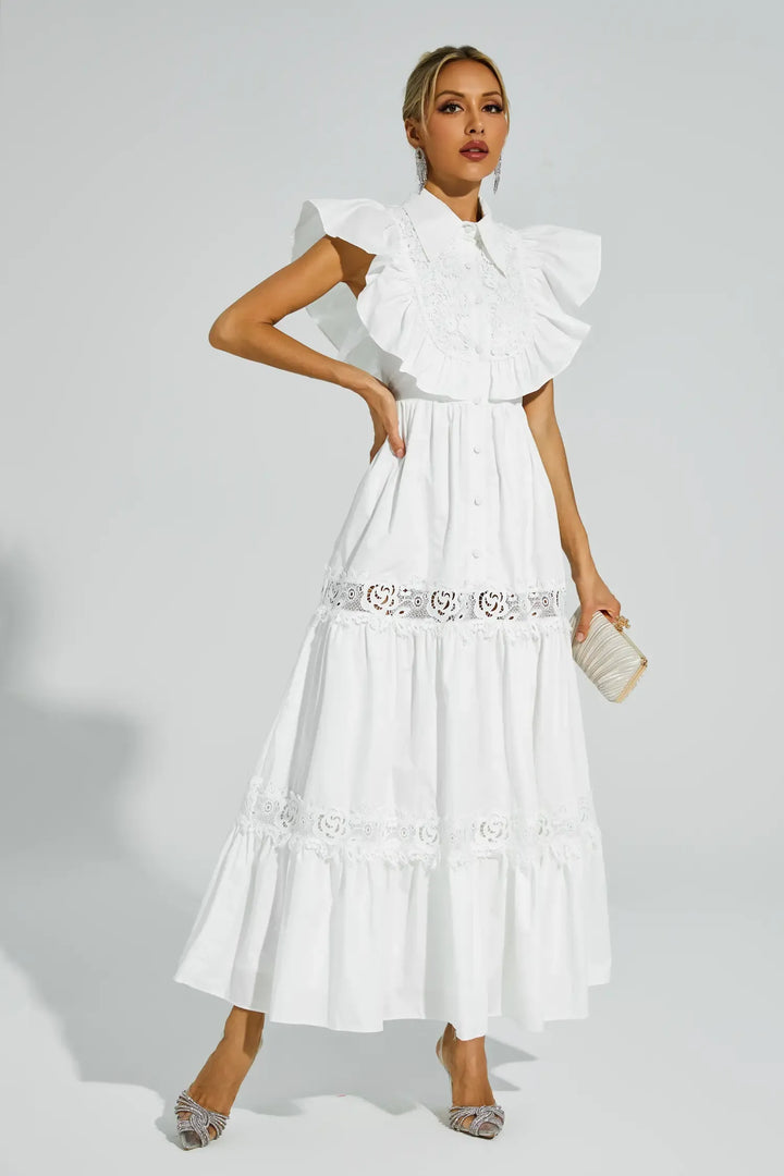 Wesley White Sleeveless Ruffle Midi Dress