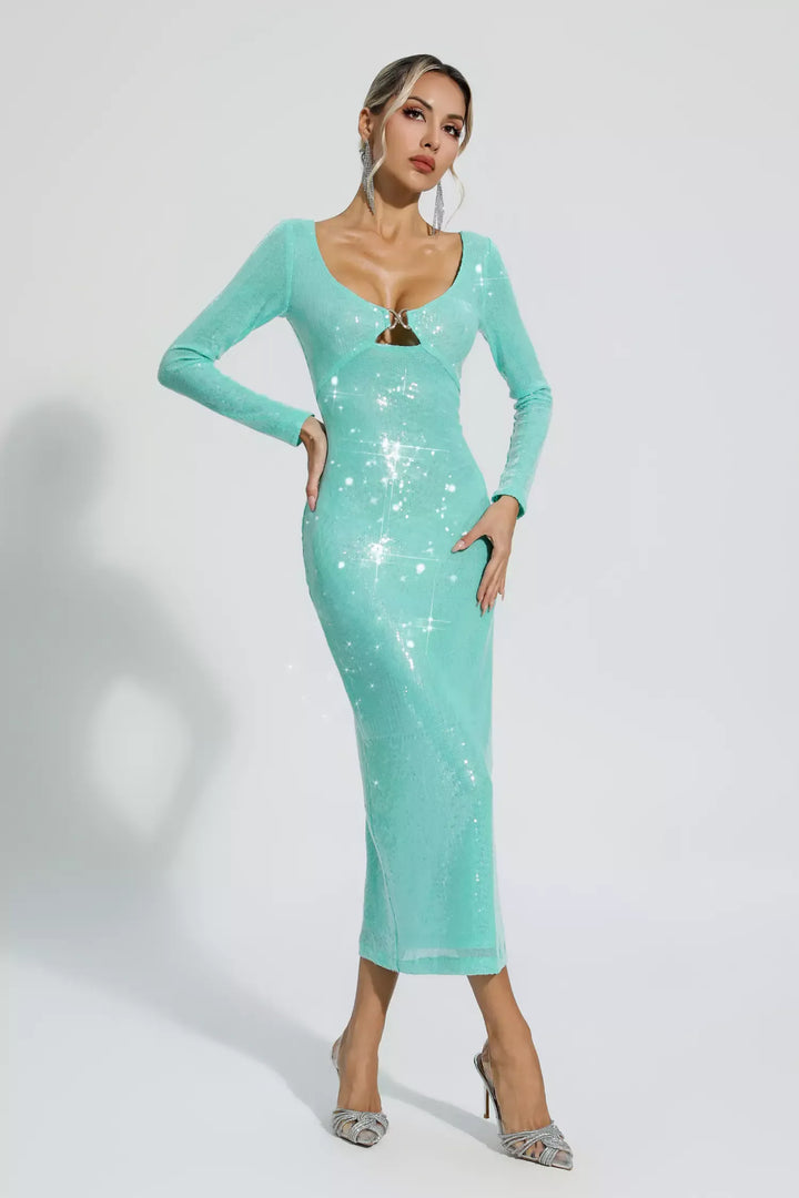 Winnie Green Long Sleeve Sequin Midi Dress