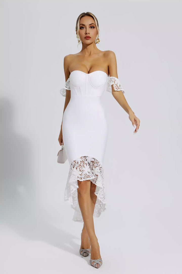 Zariah White Lace Wedding Bandage Midi Dress