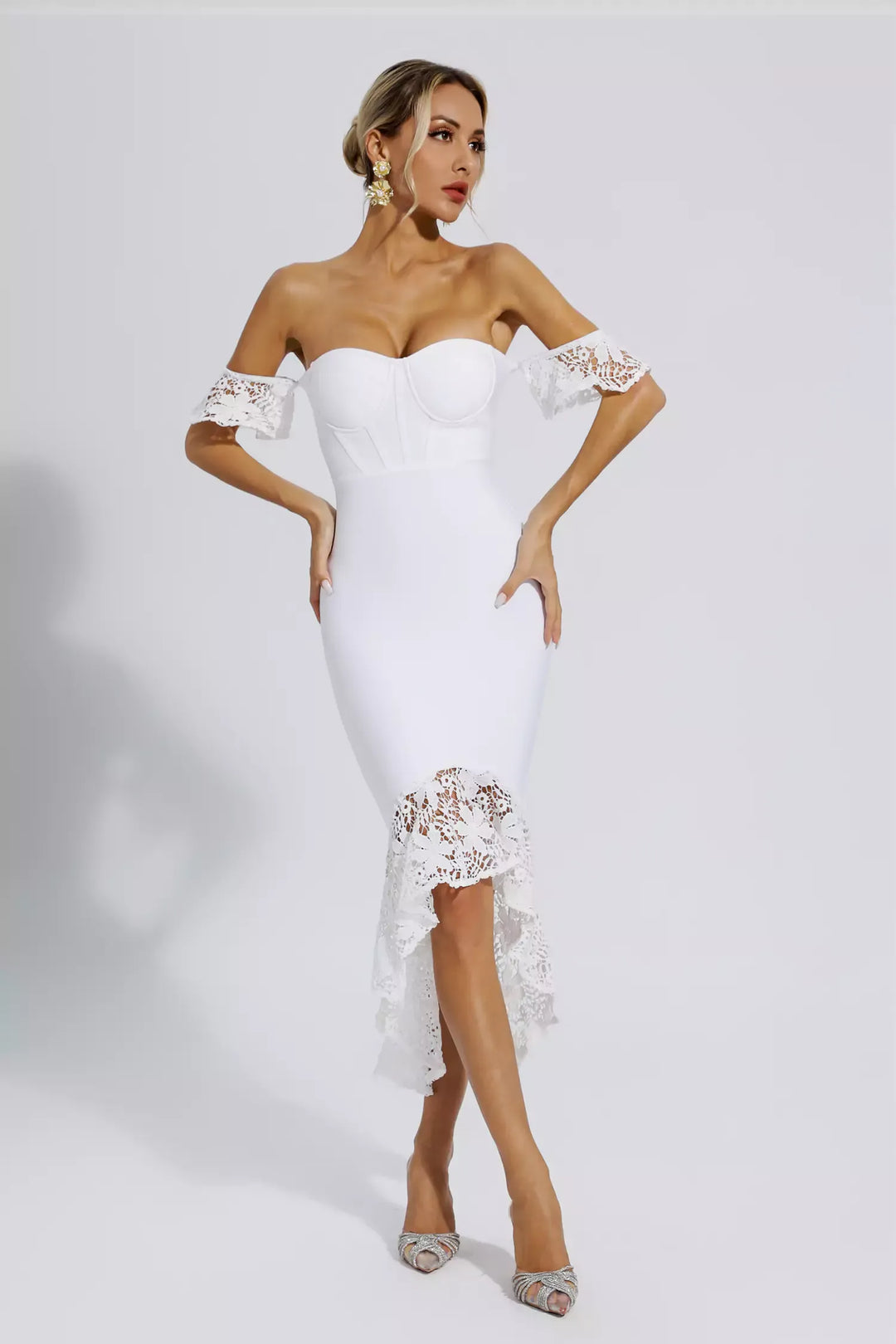 Zariah White Lace Wedding Bandage Midi Dress