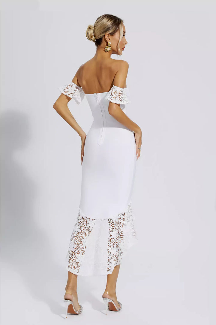 Zariah White Lace Wedding Bandage Midi Dress