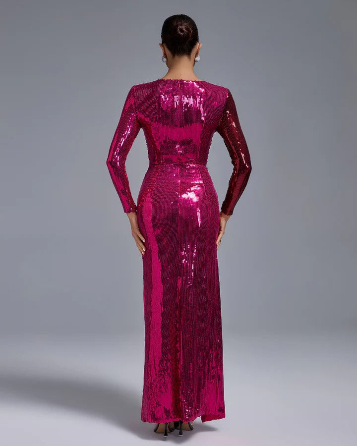 Elegant Rose Red Long-sleeved Sequin Maxi Dress