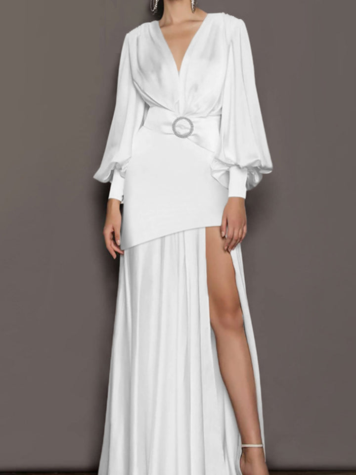 Simple Lantern Sleeve Solid Color Maxi Dress