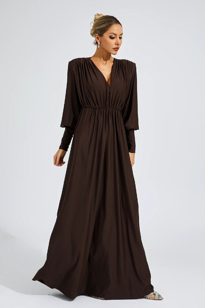 Simple Solid Color Dark V Long-sleeved Maxi Dress