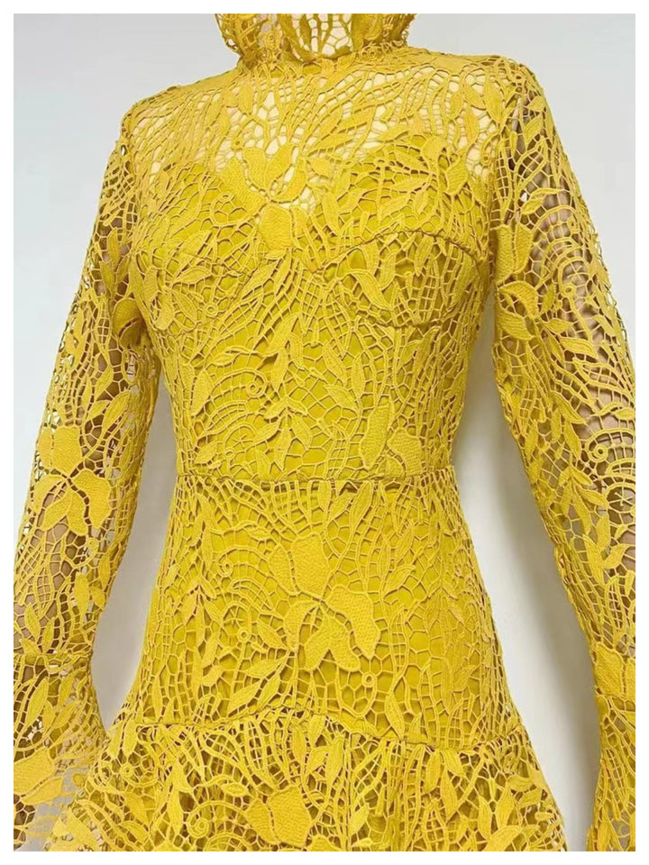 Emma Yellow Elegant Lace With Bell Sleeves Dress