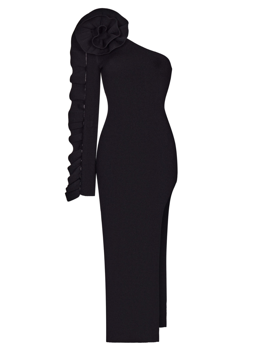 Black Ruffles Long-sleeved Bandage Maxi Dress