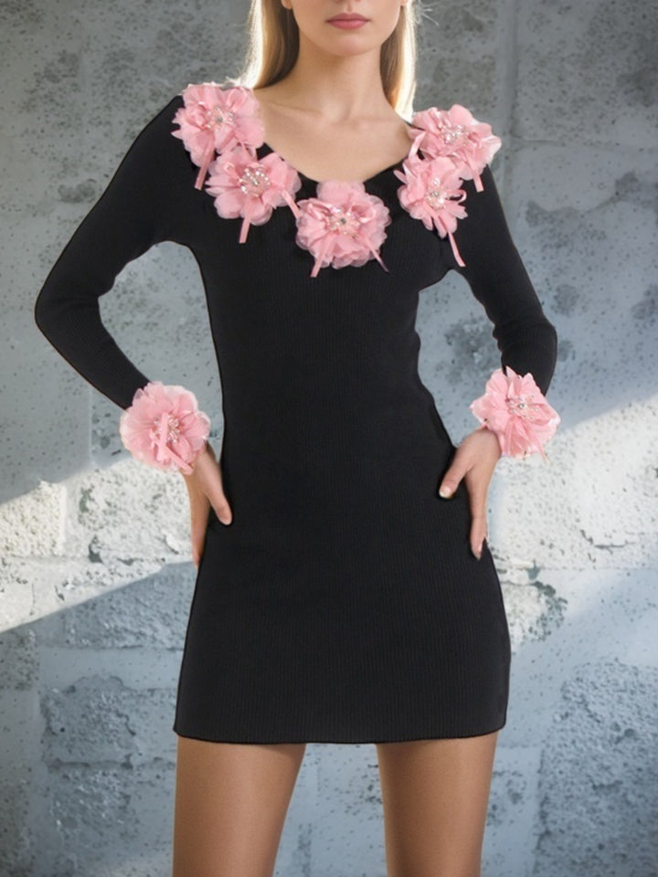 Elegant Mesh Flower Splicing Mini Dress