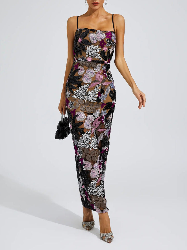 Elegant Embroidered Print Sequin Maxi Dress