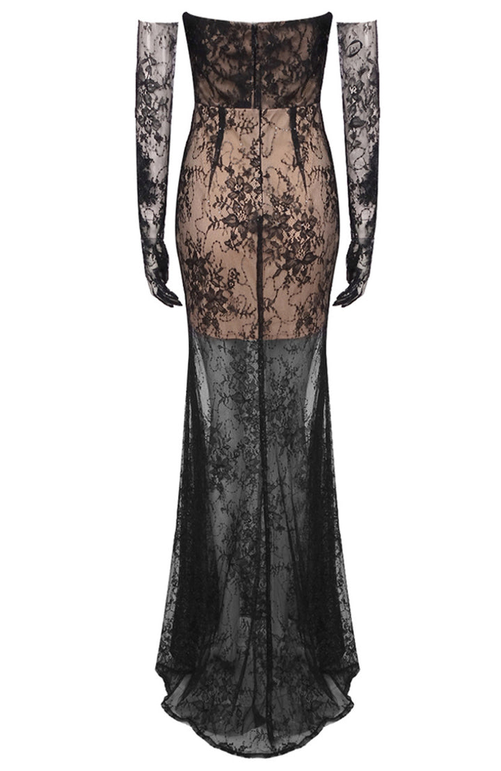 Black Tube Top Lace Sequin Mesh Maxi Dress