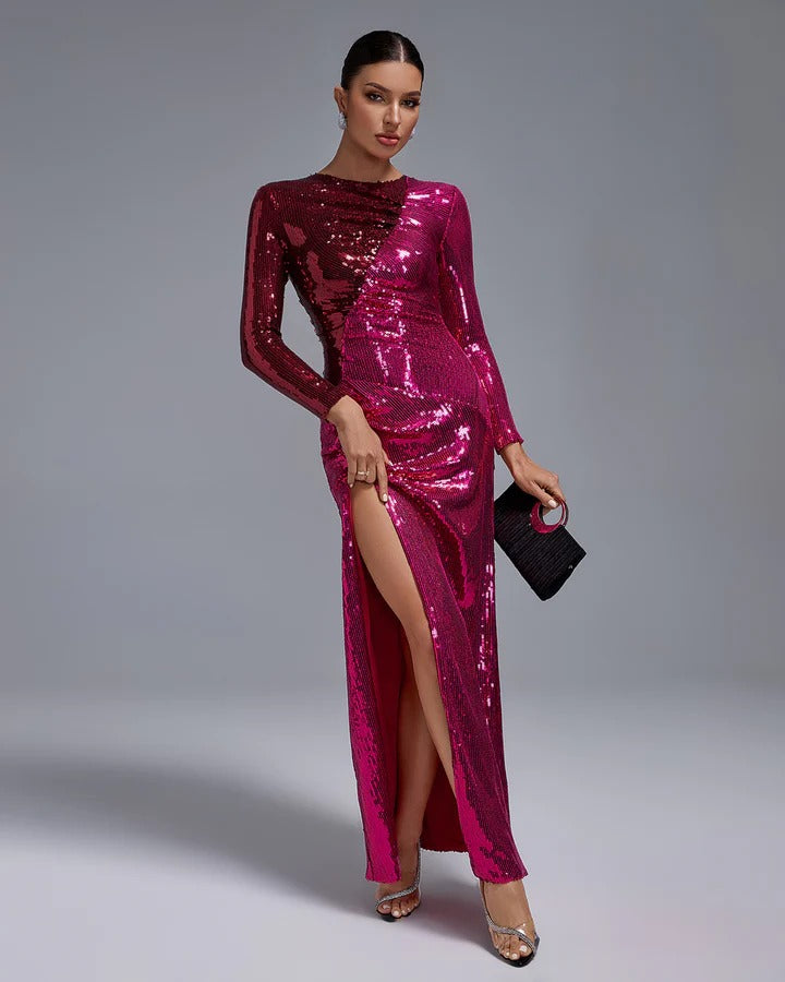 Elegant Rose Red Long-sleeved Sequin Maxi Dress