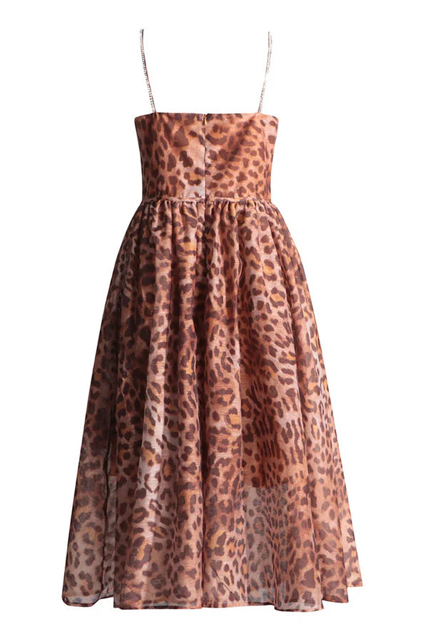 Leopard Print Diamond Suspender Midi Dress