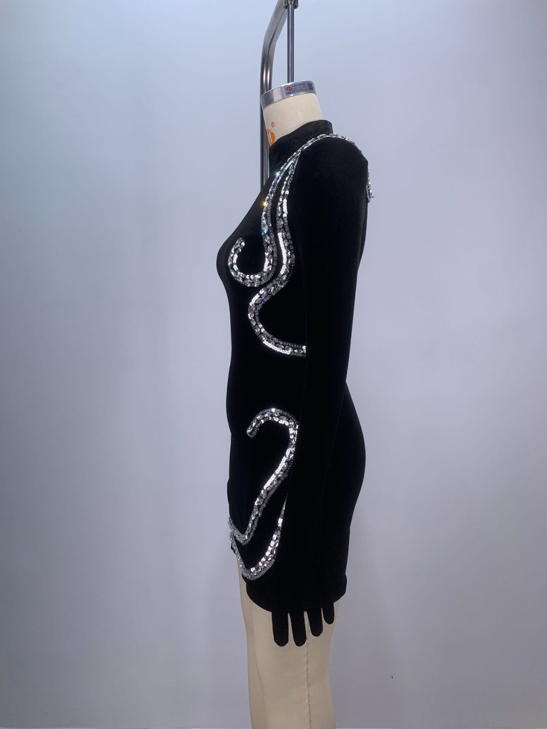 Black Velvet Diamond Mini Dress with Gloves