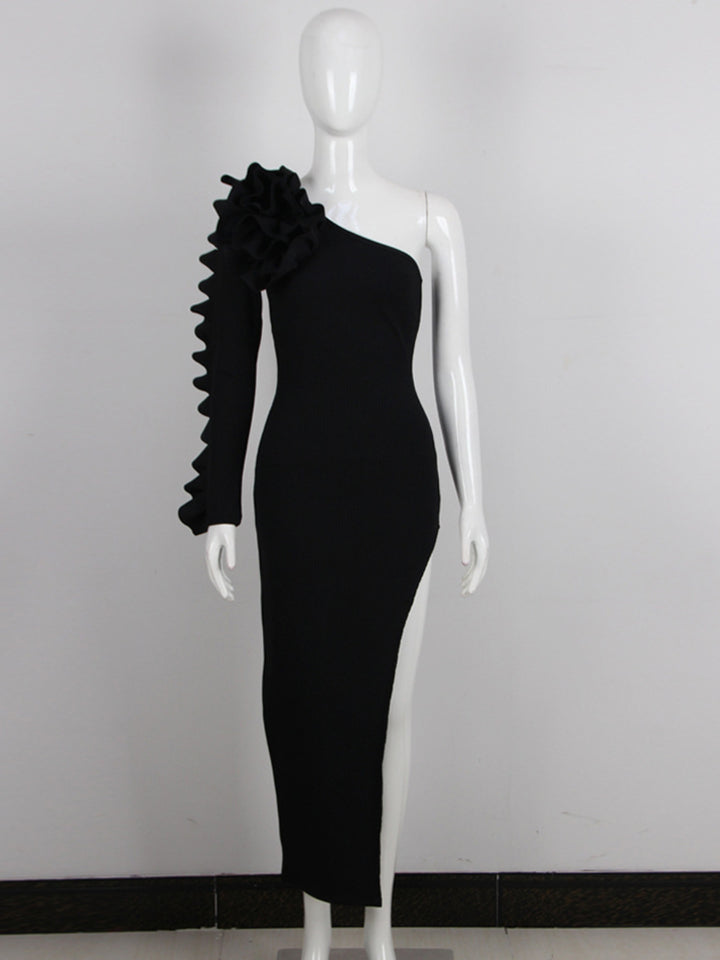 Black Ruffles Long-sleeved Bandage Maxi Dress