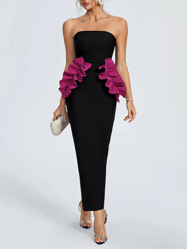 Elegant Tube Top Pleated Fungus side Maxi Dress