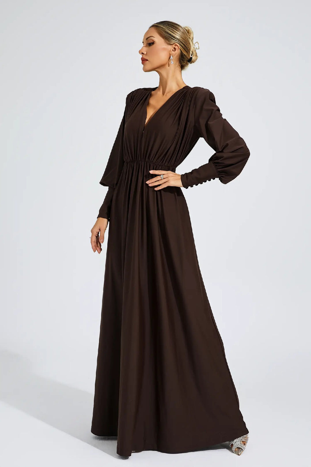 Simple Solid Color Dark V Long-sleeved Maxi Dress