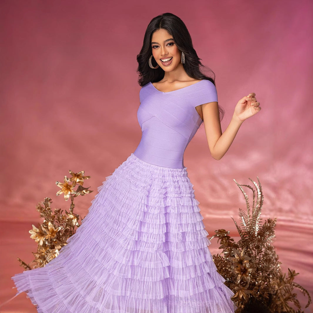 Elegant Purple Mesh Pleated Cake Maxi Dress