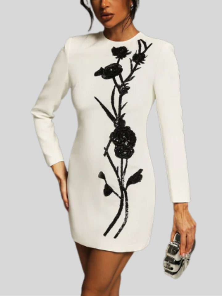 Three-dimensional Flower Bead Long-sleeved Mini Dress