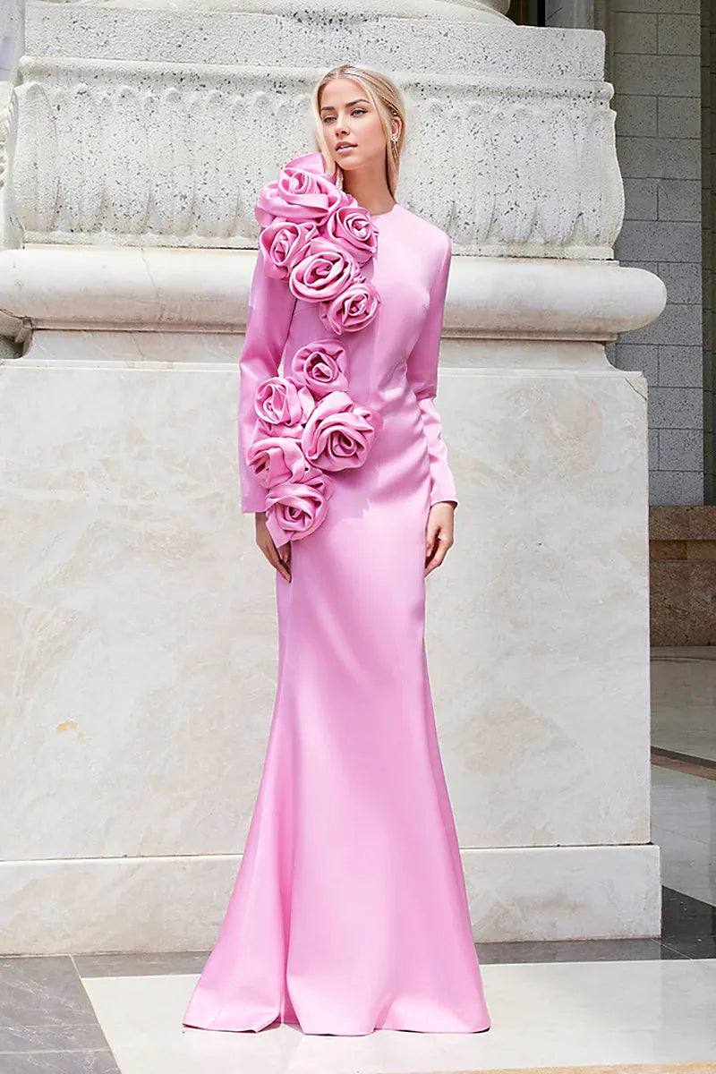 Temperament Three-dimensional Flower Long-sleeved Dress