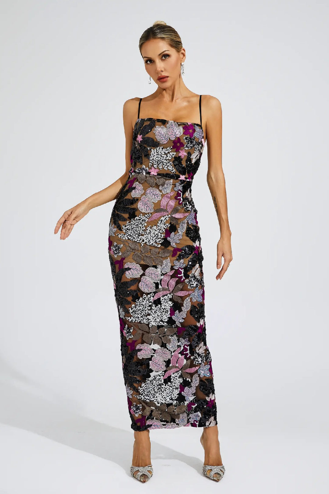 Elegant Embroidered Print Sequin Maxi Dress