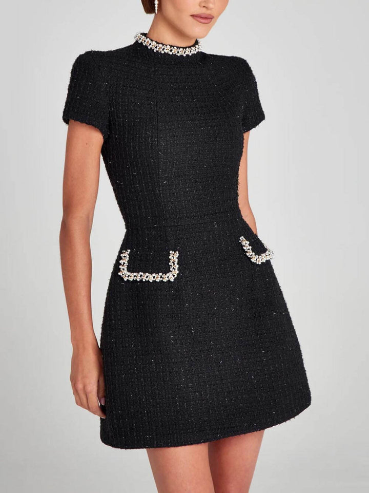 Elegant Crew Neck Bead Mini Dress