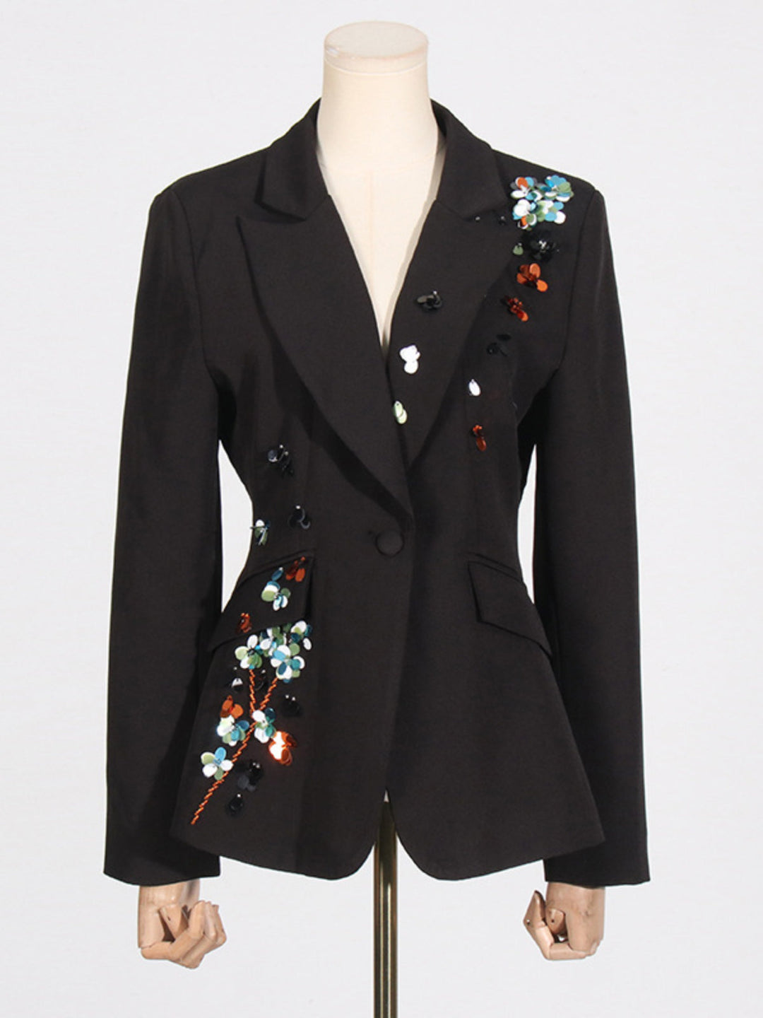 Solid Dark V-neck Sequined Blazer