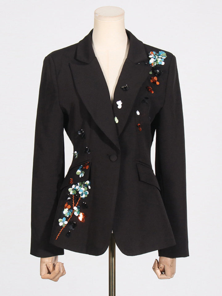 Solid Dark V-neck Sequined Blazer