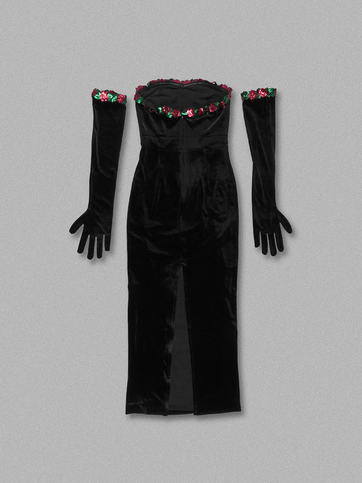 Black Sequined Floral Velvet Maxi Dress with Gloves