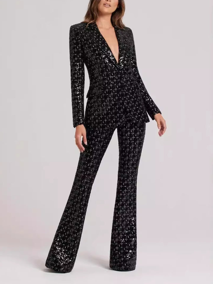 Rachel Black Sequined Deep V-neck Jumpsuit